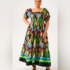 Tropical Multi Color Poplin Smocked Maxi Cruise,Garden Party, Festival, Wedding